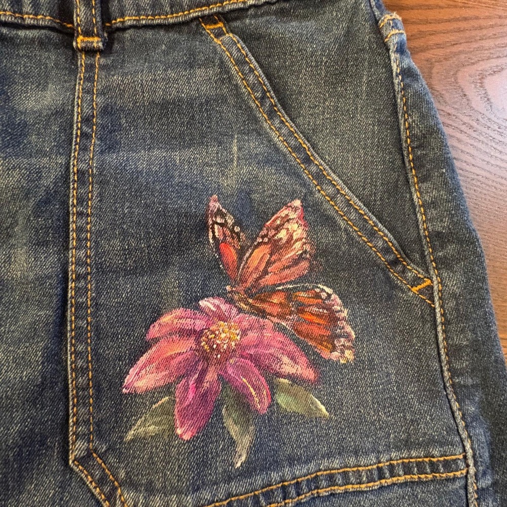 Upcycled Handpainted Jean Mini Skirt Women Junior L 11-13 OOAK Flower Butterfly